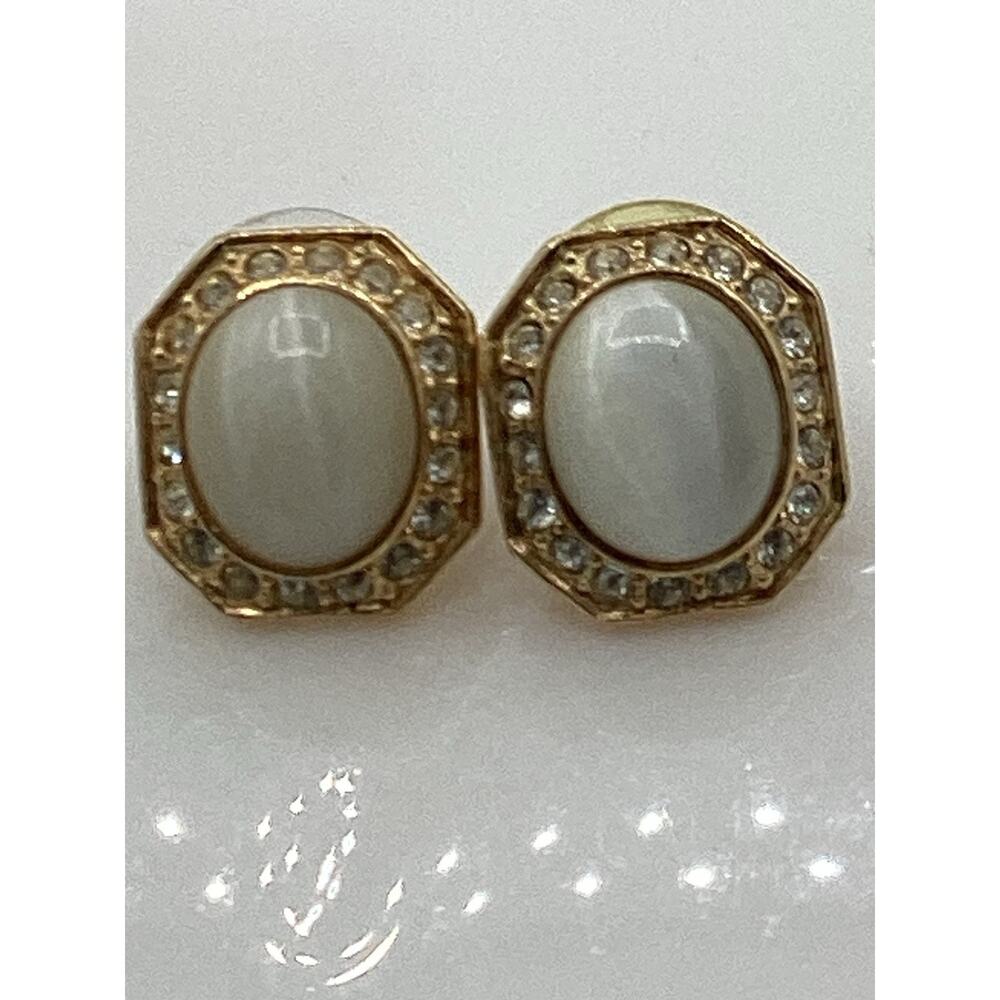 Gold Tone Faux Oval Pearl, Clear Rhinestone Octagon Earrings Signed Roman